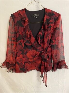 dressbarn Red & Black Floral Tie-Front Sheer Wrap Blouse